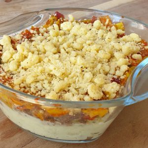 Parmentier de confit de canard, avec pomme de terre, potiron et patate douce.