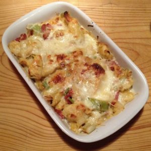 Gratin de crozet aux poireaux, chorizo et comté.
