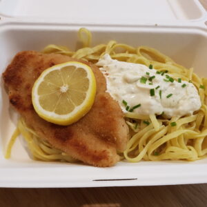 05/06  Poisson panée, pâtes à la sauce crème-citron épinard et fenouil.
