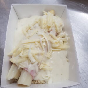 Asperges au jambon blanc, riz à l'ail des ours.